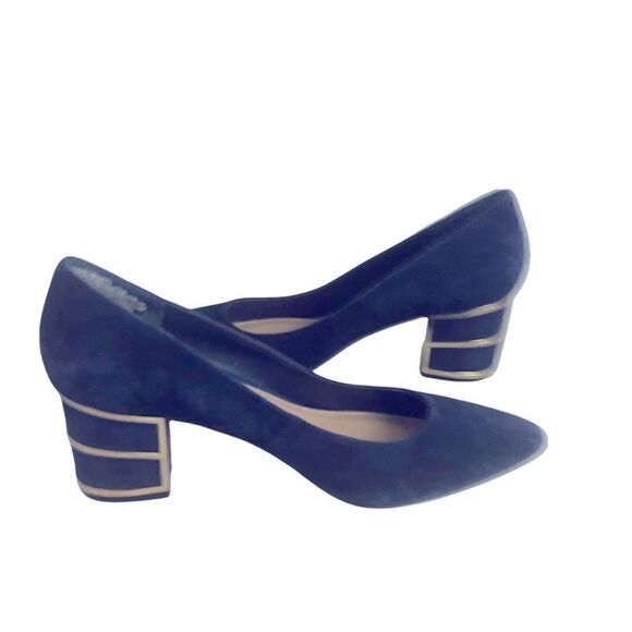 Gorgeous Blue Suede Shoes with Block Heel Caged in Gold from Steven Size by 8M - Picture 4 of 10
